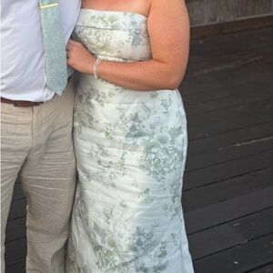 Dessy Collection Floral Strapless Wedding Dress - Mint and White